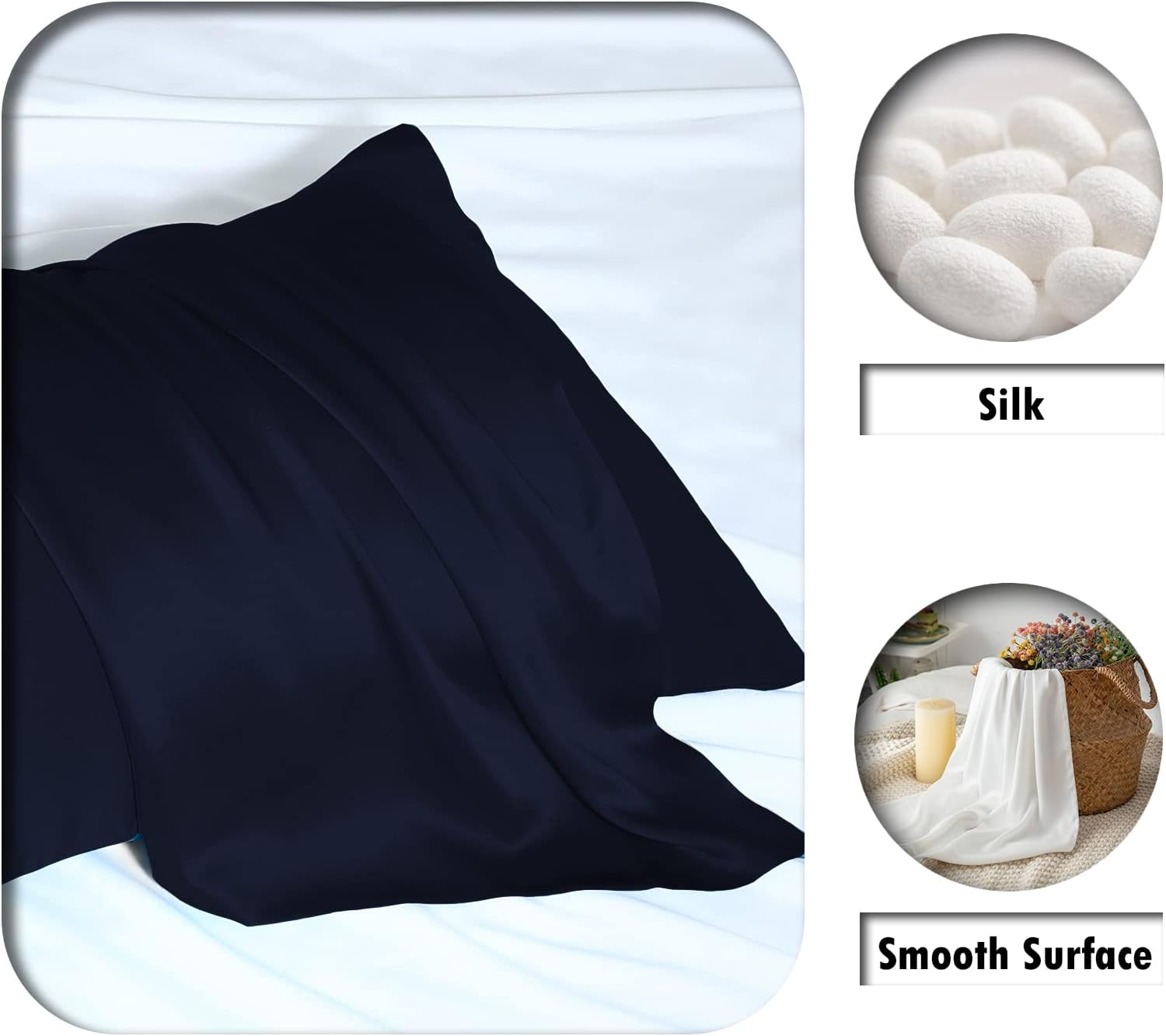 Mulberry Silk Pillowcase for Hair and Skin Standard Size 20"X 26" Pillow Case with Hidden Zipper Soft Breathable Smooth Cooling Silk Pillow Covers for Sleeping (Navy Blue,Standard,1Pcs) thumbnail