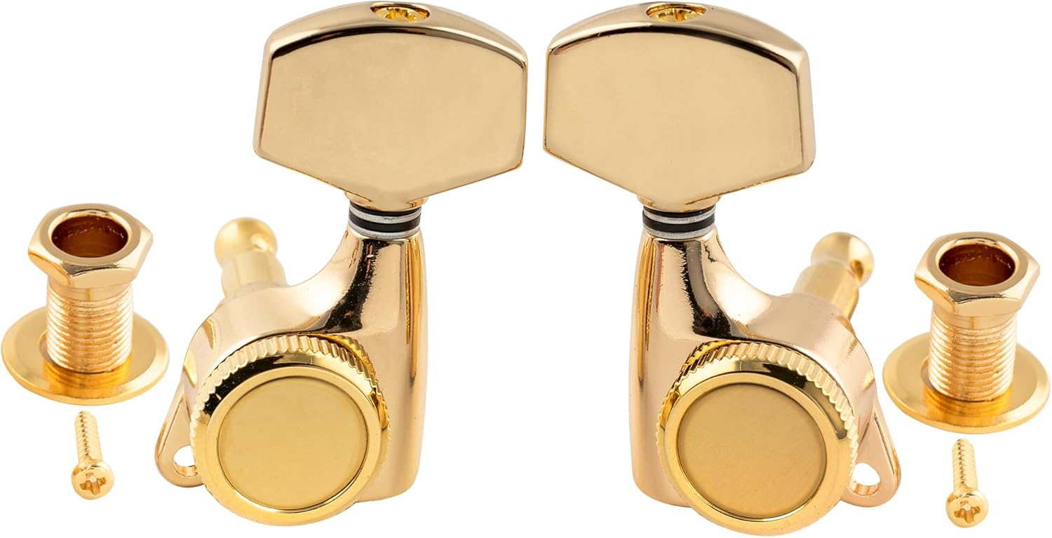 Musiclily Pro 3L+3R Guitar Locking Tuners 18:1 Ratio Lock String Tuning Key Pegs Machine Heads Replacement for LP SG Style Style Electric Folk or Acoustic Guitar, Gold with Big Hex Button