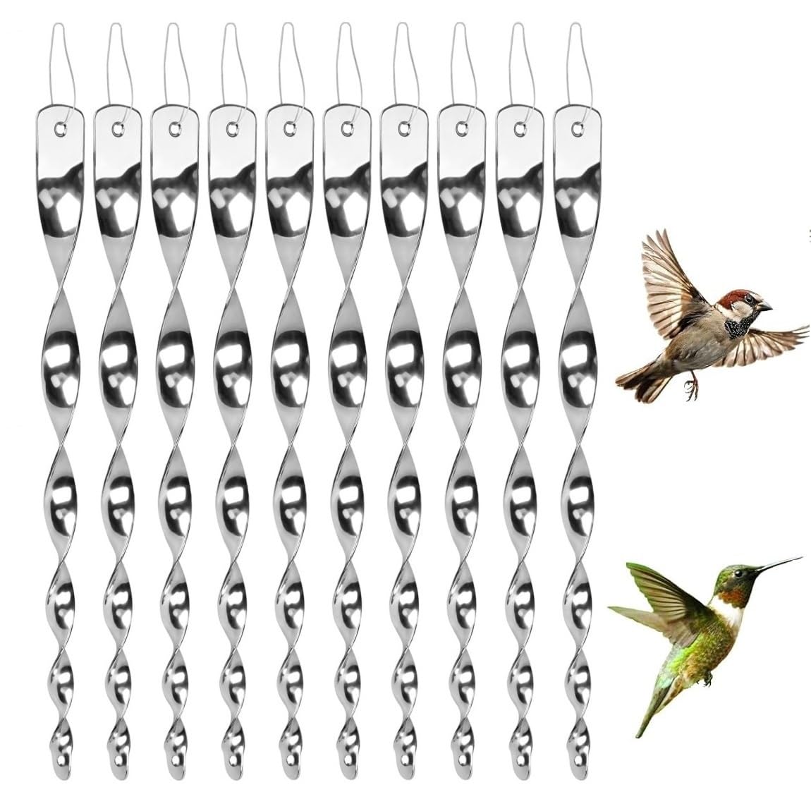 KOMUNJ 10 Pcs Reflective Bird Deterrent Rods, Hanging Reflective Spiral Pigeon Deterrent, Bird Scarers for Gardens, Keep Birds Away From Your Home, Garden, Patio