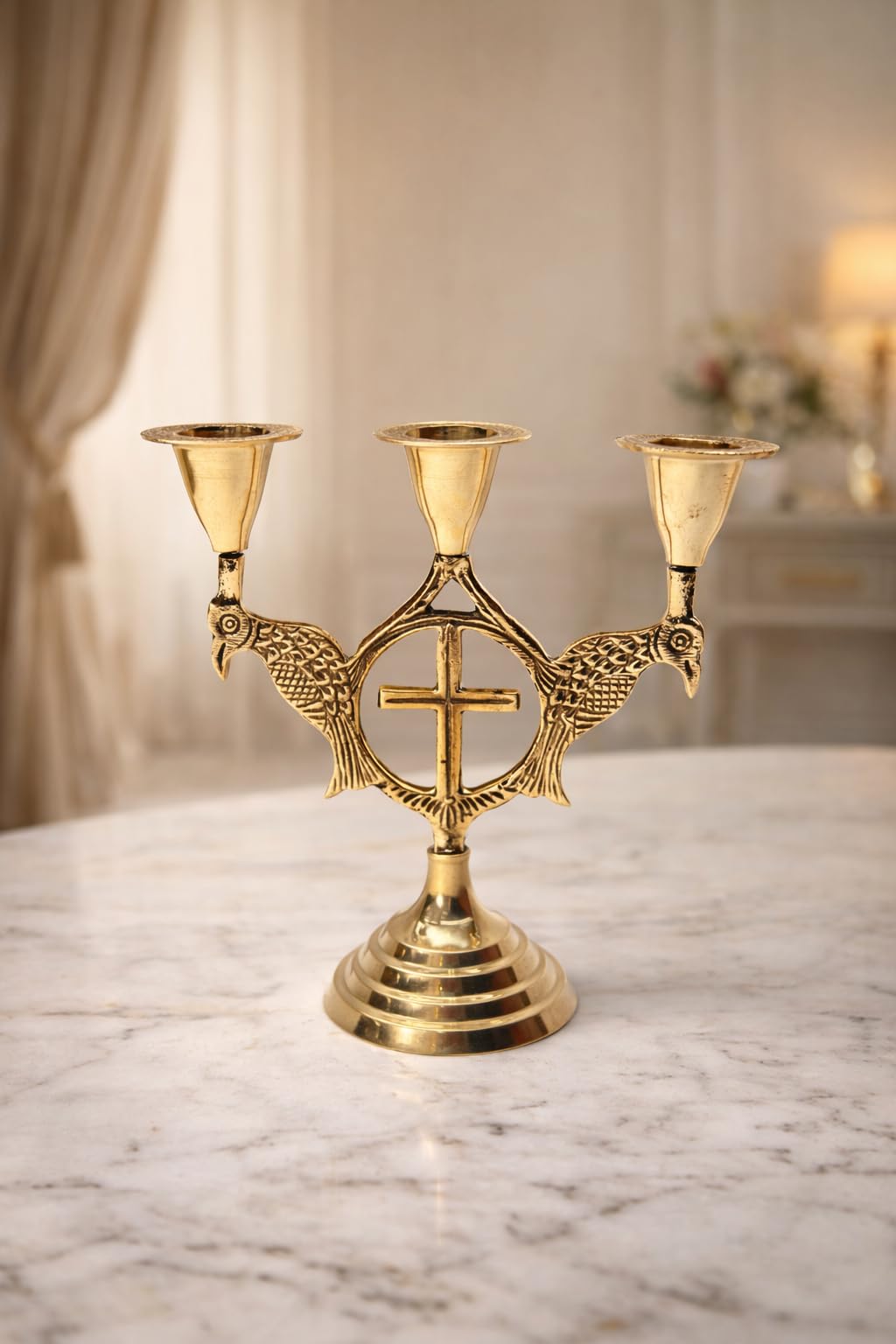 Mojo Jojo Pure Brass Christian Triple Candle Stand – Cross & Dove Design Church Altar Candelabra for Prayer, Worship & Home Décor 1