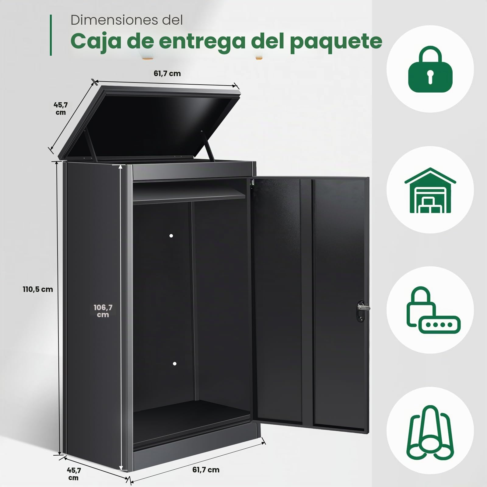 Buzón para exteriores, caja de paquetes con cerradura de combinación, acero inoxidable con recubrimiento en polvo, funcionalidad impermeable y antirrobos (63 x 48 x 112 cm)