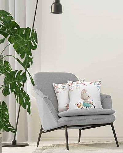 Miniatura 4 de Pack of 2 Cotton Throw Pillow Covers, Easter Bunny Bike Eggs Flowers Soft Square Pillow Covers Home Decoration Pillowcases for Living Room Bedroom