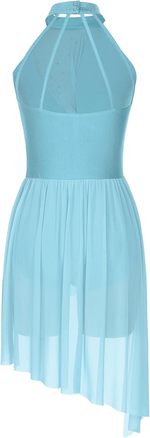 Applique Lyrical Dance Dress for Women Halter Strappy Leotard High Low Flowy Skirt Contemporary Dance Costume