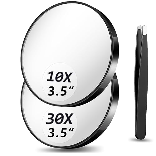 Magnifying Mirror 10X&30X Set, Magnified Mirrors 3.5' with Two Suction Cups and Tweezers, Travel Magnifyied Mirror Set C
