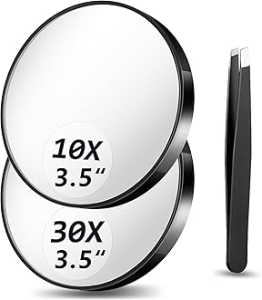 10X&30X Magnifying Mirror Set, 3.5" Mirror with Suction Cups & Tweezers, Portable Travel Set with Storage Bag (Black)