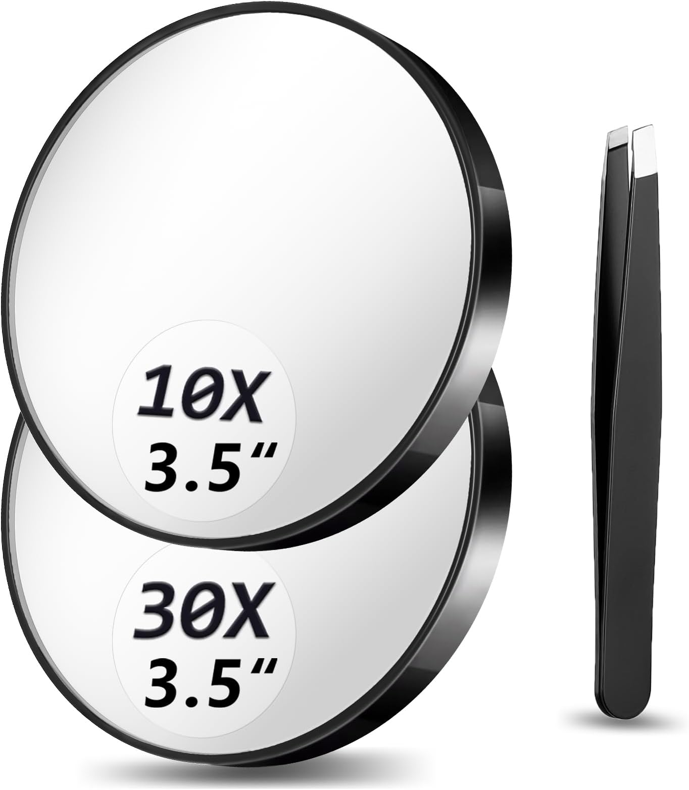 10X&30X Magnifying Mirror Set, 3.5" Mirror with Suction Cups & Tweezers, Portable Travel Set with Storage Bag (Black)