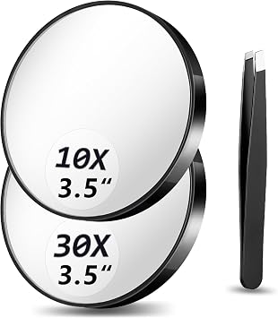 Magnifying Mirror 10X&30X Set, Magnified Mirrors 3.5" with Two Suction Cups and Tweezers, Travel Magnifyied Mirror Set with Storage Bag, Compact Small Magnifying Mirrors for TravelBlack