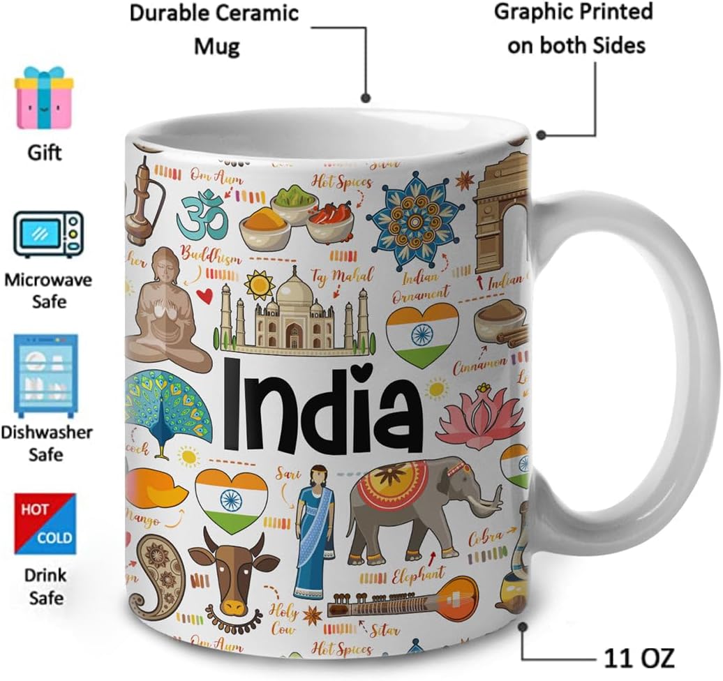 Lotacy India Symbols Colorful Coffee Mug, Ceramic 11 oz, Souvenirs and Gifts, Gift Idea for Indian Men and Women - Image 3