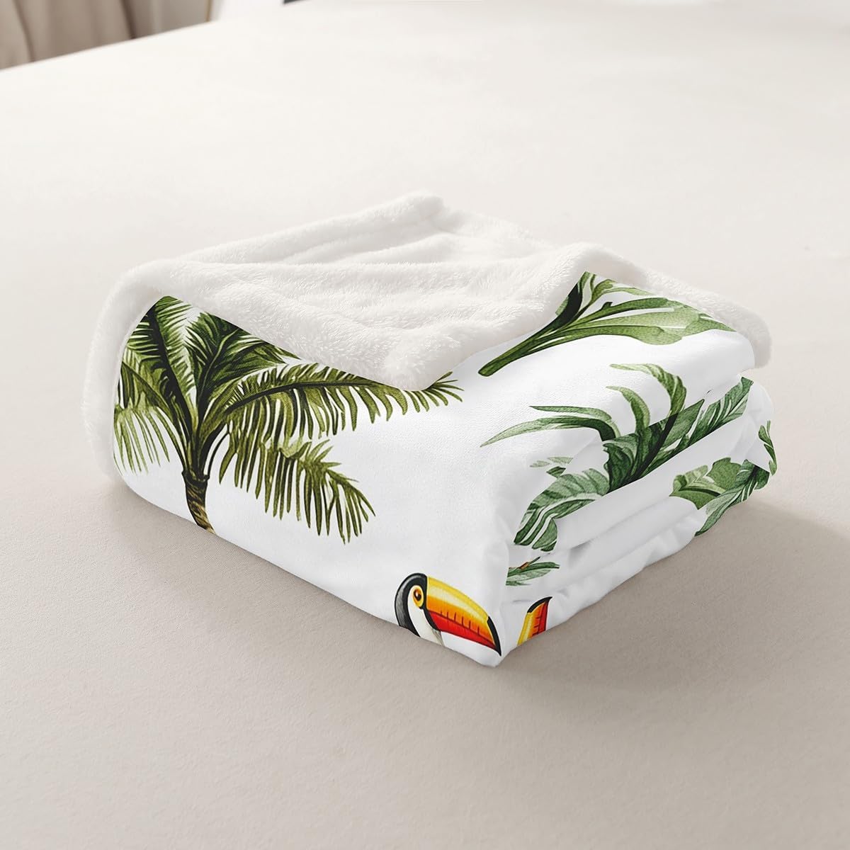 Kids Leopard Fleece Blanket Zebra Toucan Blanket Throw African Safari Animals Sherpa Blanket Tropical Palm Tree Leaf Jungle Wildlife Natural Fuzzy Blanket Bedroom Sofa Decor Queen 90"x90" Fresh Green