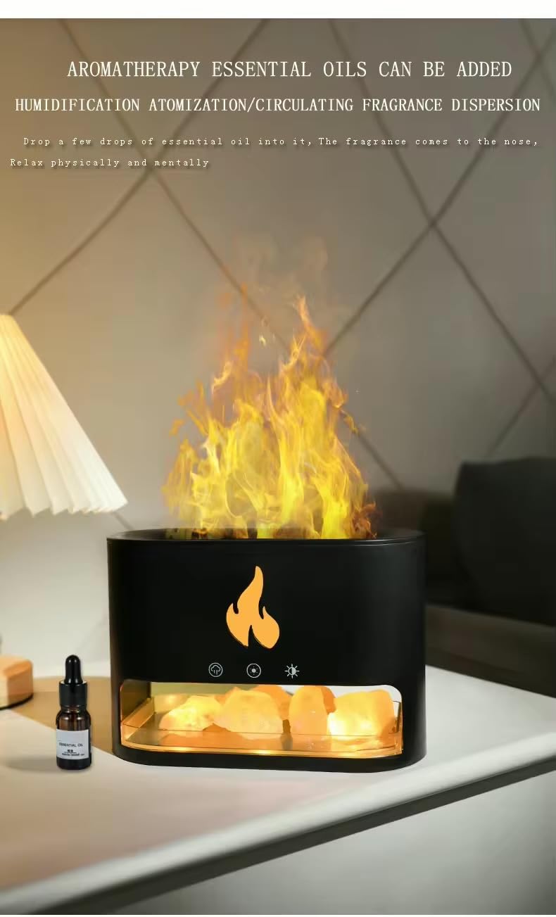 Diffusore di Aromi a LED Effetto Fiamma – Umidificatore Ultrasuoni con Pietre di Sale e Luci RGB – Silenzioso, USB Type-C, Design Moderno per Casa, Ufficio e Relax