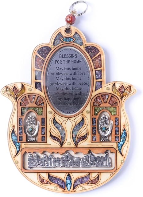 Anandashop Home Blessing (Multiple Languages) - A Wooden Wall Hanging with the Evil Eye Hand Of Fatima and Semi-Precious Stones Throughout