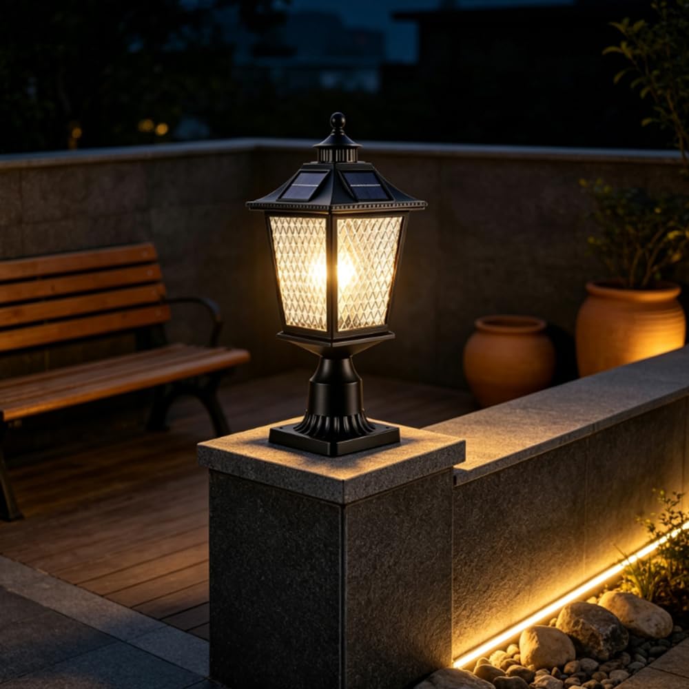 Zewnętrzna czarna lampa filarowa wodoodporna solarna lampa