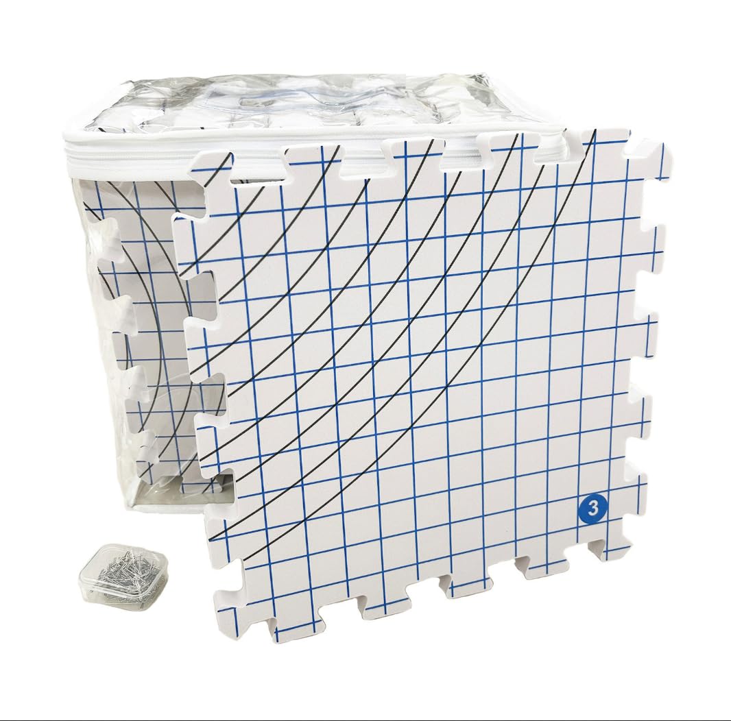 Tapis de Blocage Extra épais de 1,9 cm pour Tricot et Crochet, Avec 100 épingles en T et Grilles de Blocage à Emboîter (32 x 32 cm, Lot de 9 Avec Sac de Rangement)