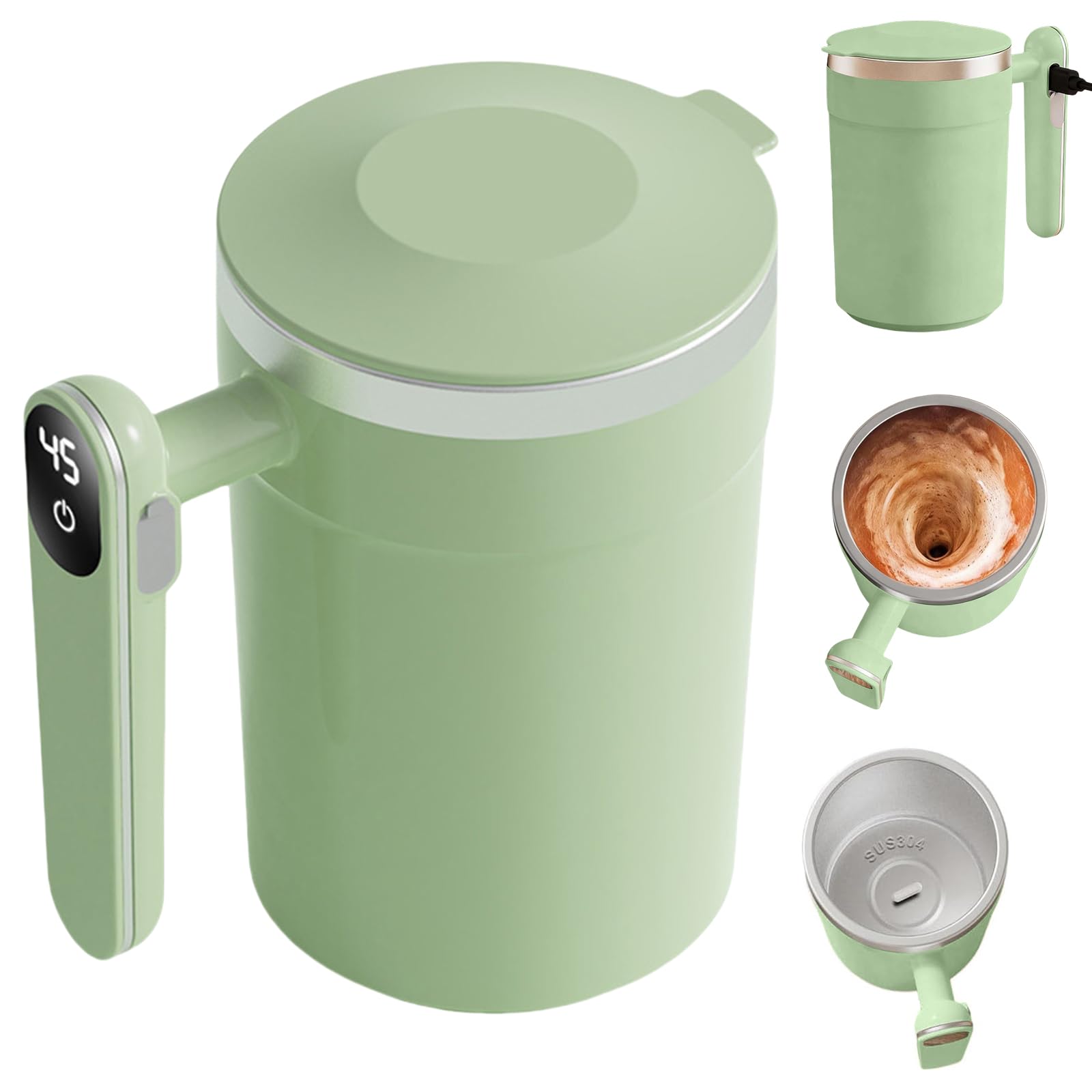 Filiżanka do kawy 400 ml z automatycznym mieszaniem, wyświetlaczem temperatury i obrotowym kubkiem samomieszającym, stal nierdzewna, zielony*3