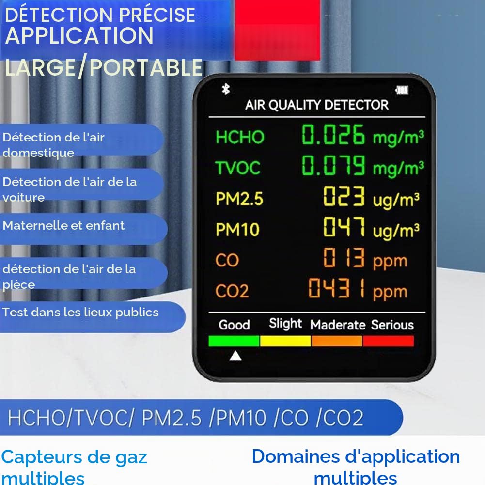 Moniteur de qualité de l'air intérieur 6 en 1, testeur de CO2, Moniteur de dioxyde de Carbone PM2,5, testeur de CO2 PM10, TVOC, HCHO, et CO pour la Maison