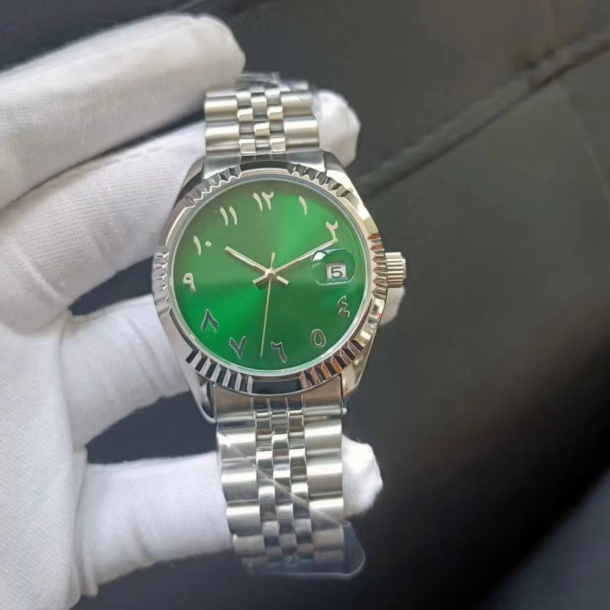 Boyarca Reloj mecánico de Lujo de Acero con números arábigos Movimiento automático números Urdu, Reloj mecánico de 38mm para Hombre con Fecha Luminosa Resistente al Agua