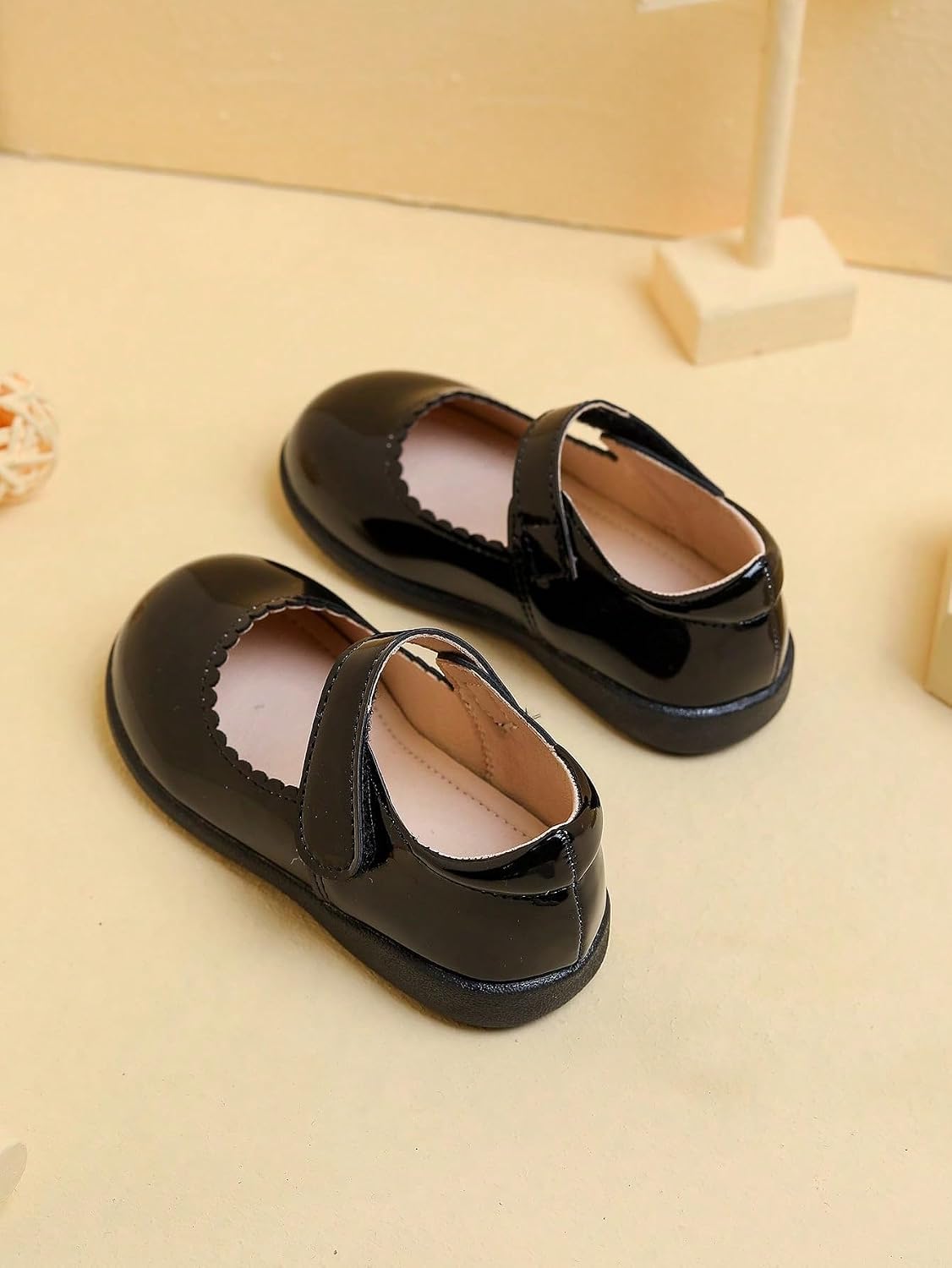 Girls Black Patent Leather Mary Jane Flats with Scalloped Trim, Hook and Loop Strap, Round Toe Dress Shoes for School and Formal Occasions