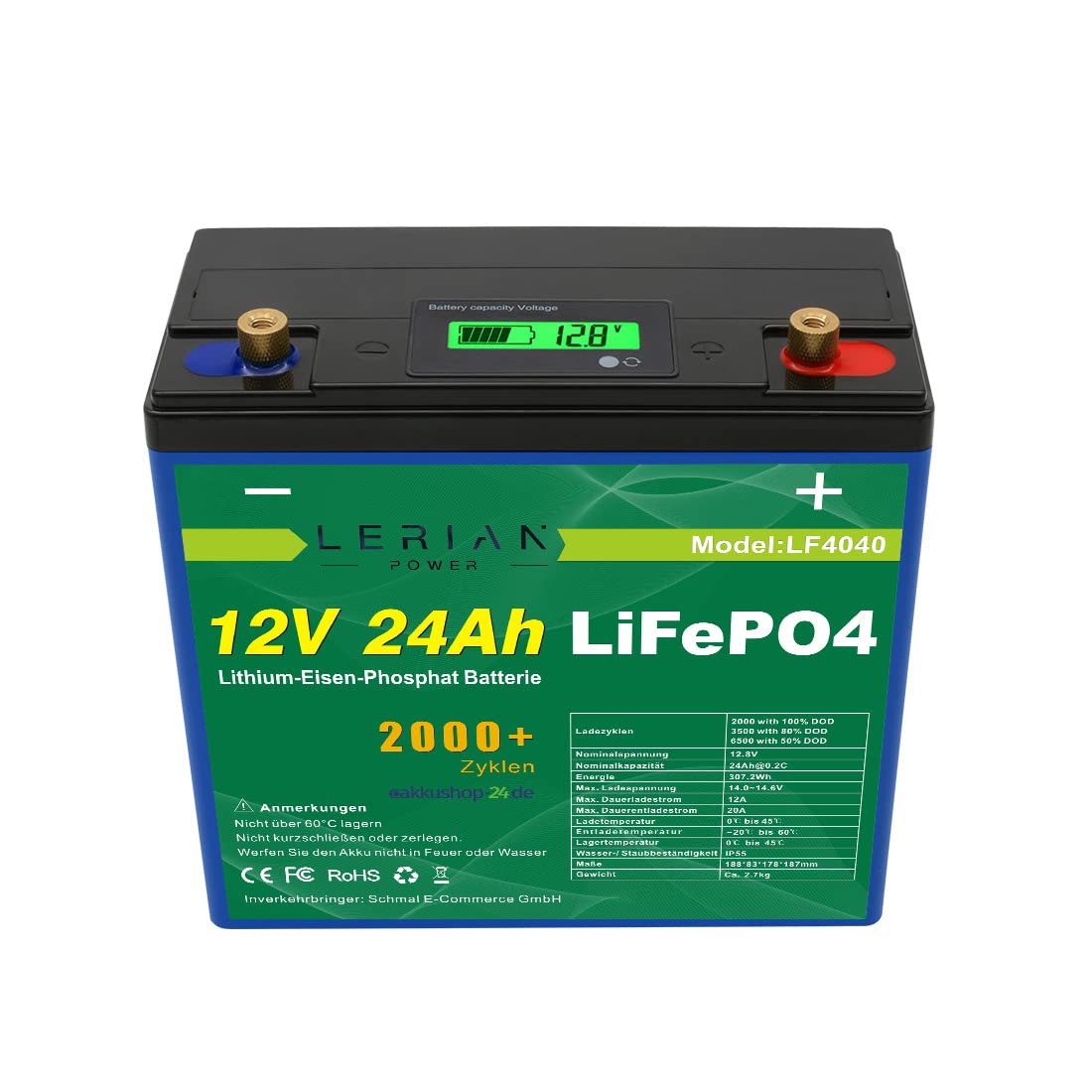 LiFePO4 - Batteria al litio da 12 V, 24 Ah, 20 A, per campeggio, barca, roulotte solare