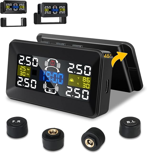 Tyre Pressure Monitoring System TPMSDetachable BracketWireless Solar Tyre Pressure Monitor Accuracy 0.01Bar Real Time Detect Car Alarm System 4 External Waterproof Sensors 22-87 PSI for Car RV SUV