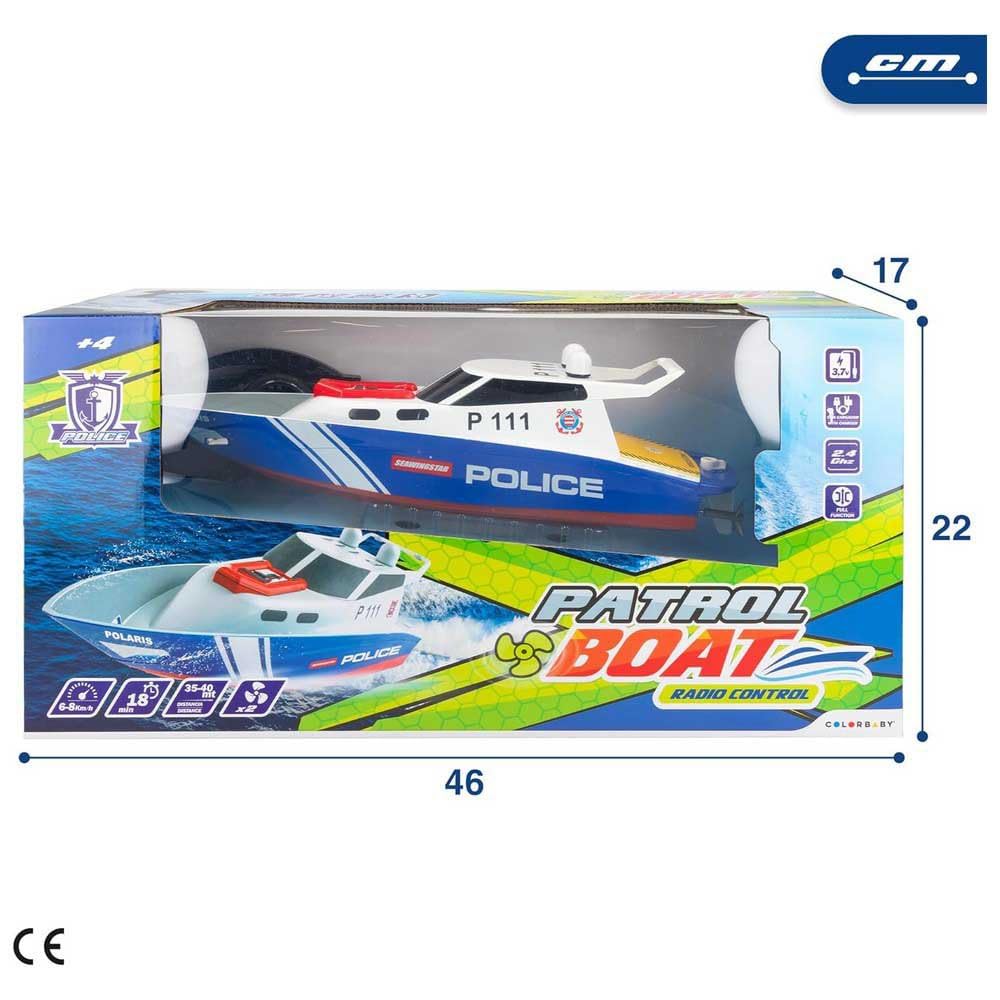 ColorBaby 47674 Racing Boat Boat Police Radiocontrol, 36x10x10 cm, Pilot zdalnego sterowania, 6 kierunków, 2,4 GHz, zasięg 35-40 m, łódź RC, zabawki dla dzieci, 4 lata
