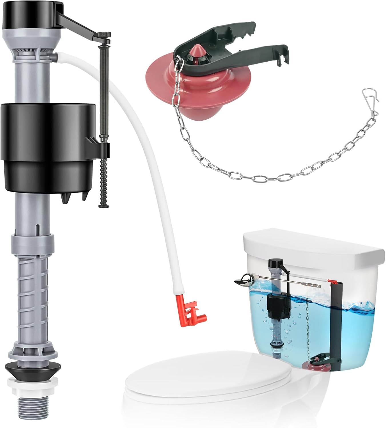 Universal Toilet Flusher Replacement Kit, Water-Saving & Height Adjustable Fill Valve, 2-Inch Flapper, Quiet & Anti-Siphon Toilet Repair Kit Inside Tank, Easy to Install (Red, 1-Pack) 1 Red
