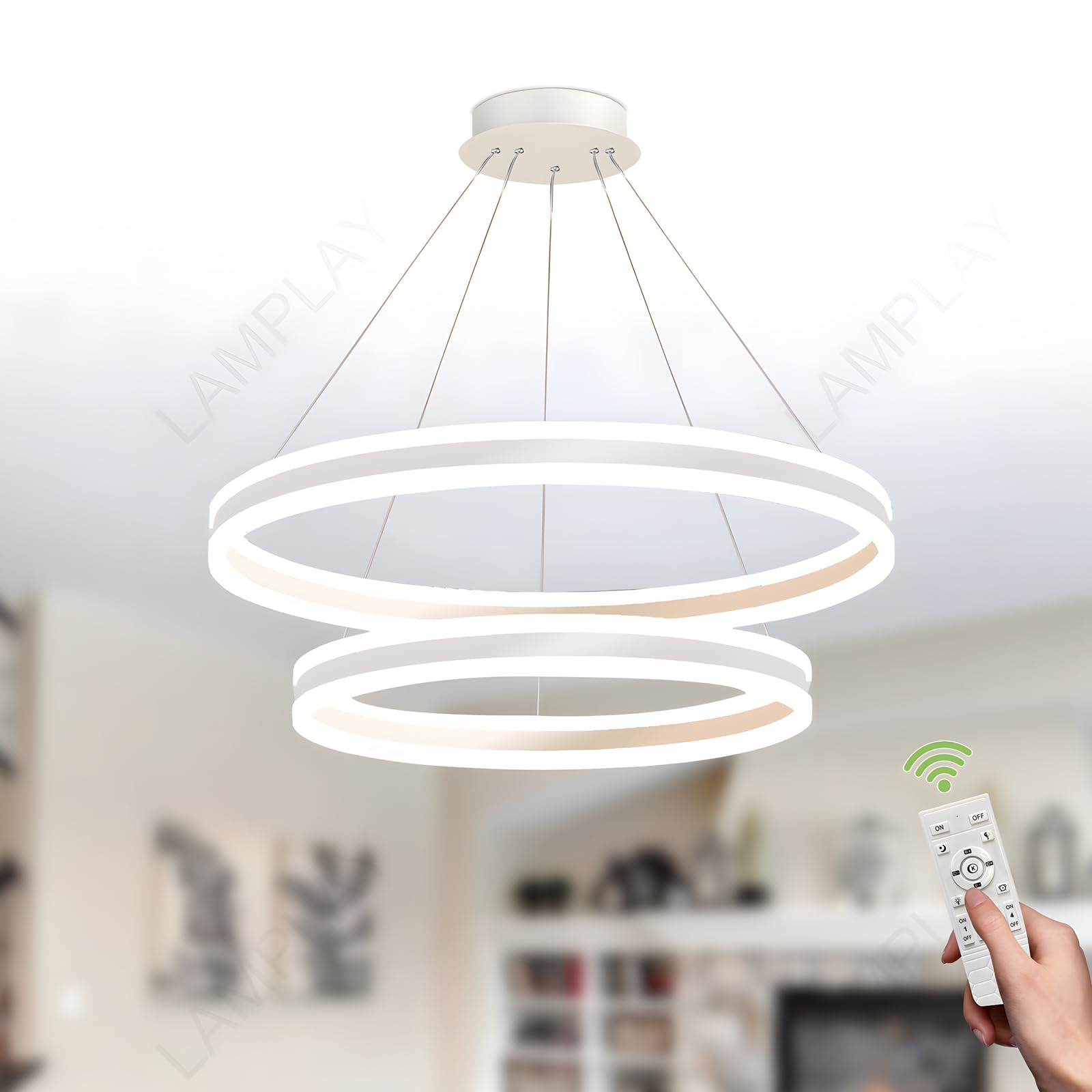 LAMPLAY Round LED Modern Pendant Light, 2 White Ring Chandelier, Dimmable with Remote Control 3000K-6000K Ceiling Light, Height Adjustable, Foyer Living Room Bedroom Dining Kitchen Island (Ø60+80cm)