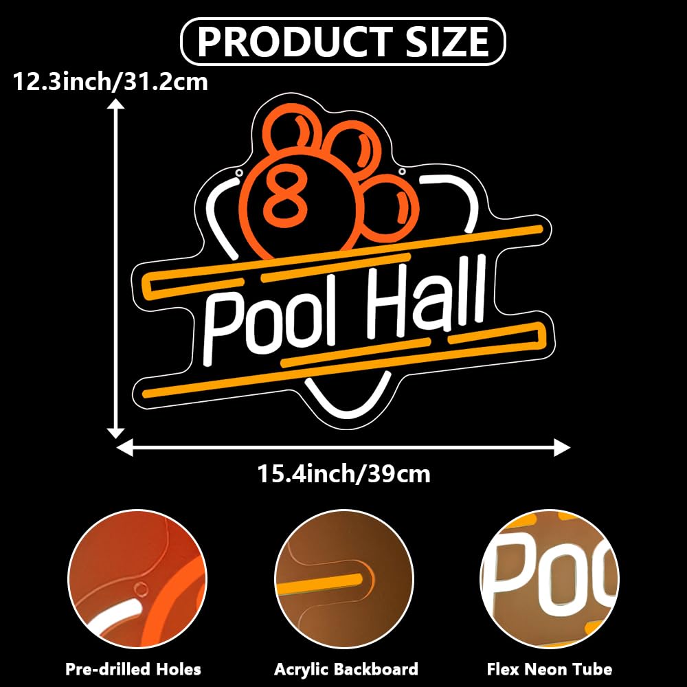 Pool Hall LED Light,Pool Table Neon Light Sign for Wall Art Decor,Game Backdrop for Game Room Bedroom Home Bar Club Party Man Cave,Dimmable Neon Sign Gift for Boys Teen Men USB Powered(15.4"*12.3") - Image 4