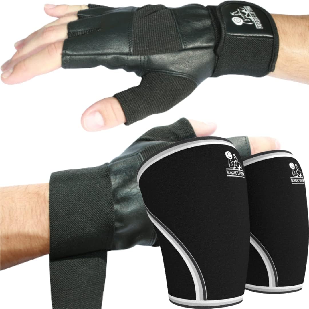 Nordic Lifting Gym Gloves XSmall Bundle with Knee Sleeves XLarge