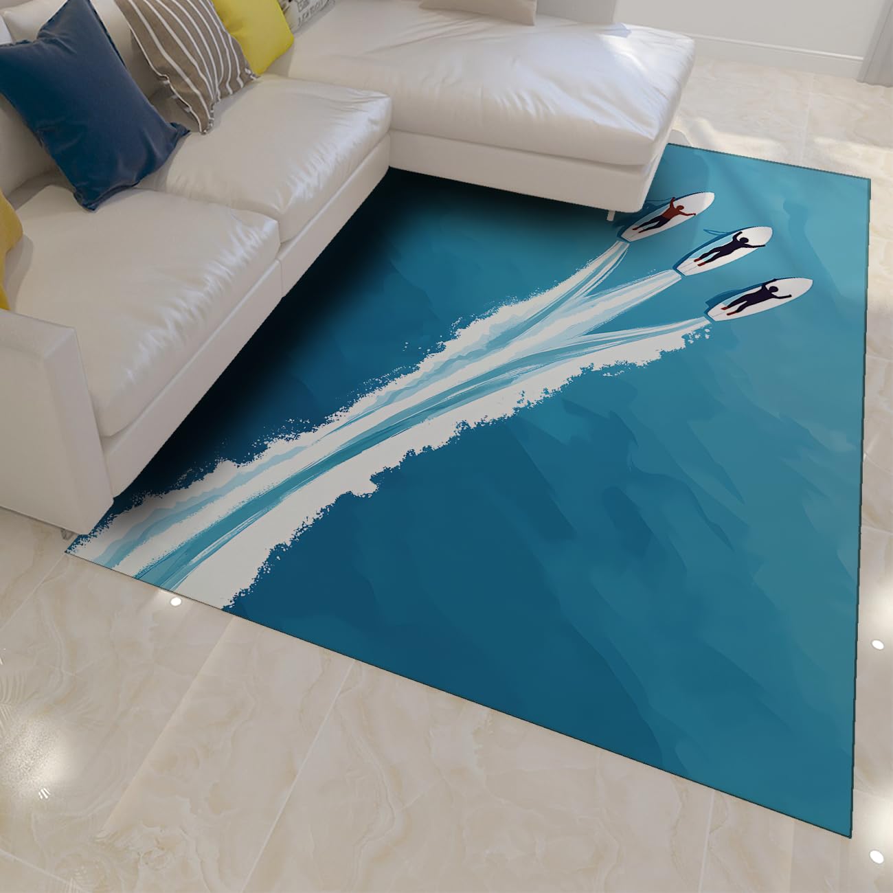 Trio Surf Dywaniki łazienkowe Sporty wodne Oceaniczne Białe fale Miękkie antypoślizgowe Niski stos zmywalny pod stolikiem kawowym 150 x 210 cm