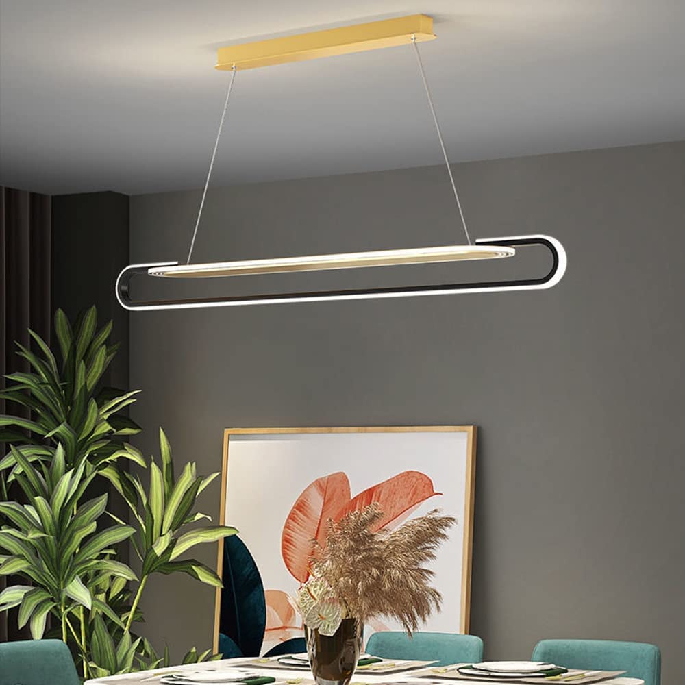 Gold LED Linear Pendant Light - Minimalist Dimmable Chandelier For Dining, Kitchen Island & Living Room - Modern Long Tube Ceiling Fixture - Stylish