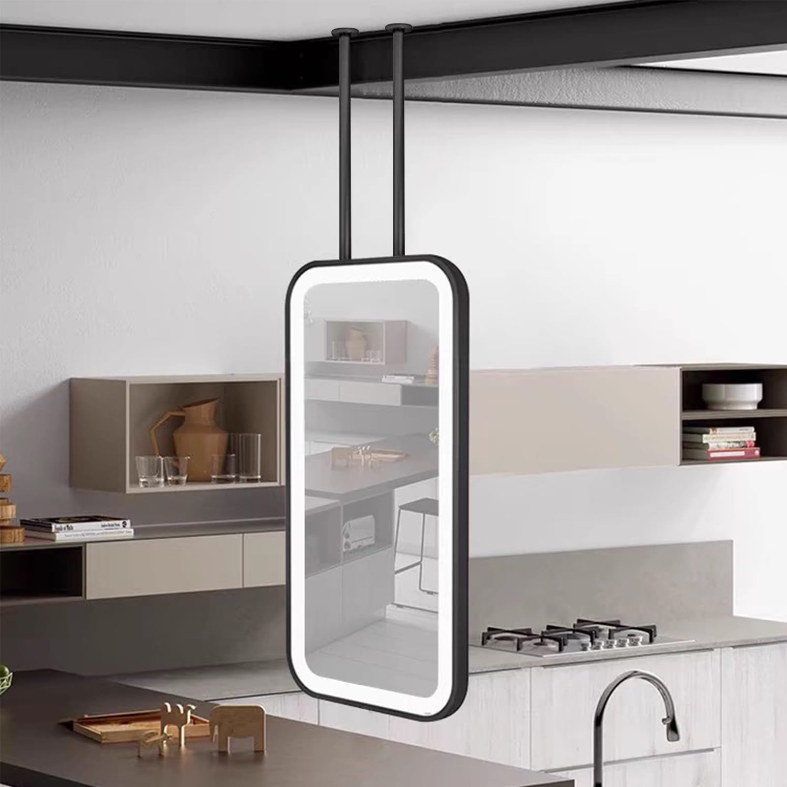 FGXHHS Ceiling Mounted Mirror with Metal Hanging Rod，LED Rectangle Bathroom Vanity Makeup Mirrors for Wall，Floating Suspended Bedroom Living Room Entryway(40cmx60cm)