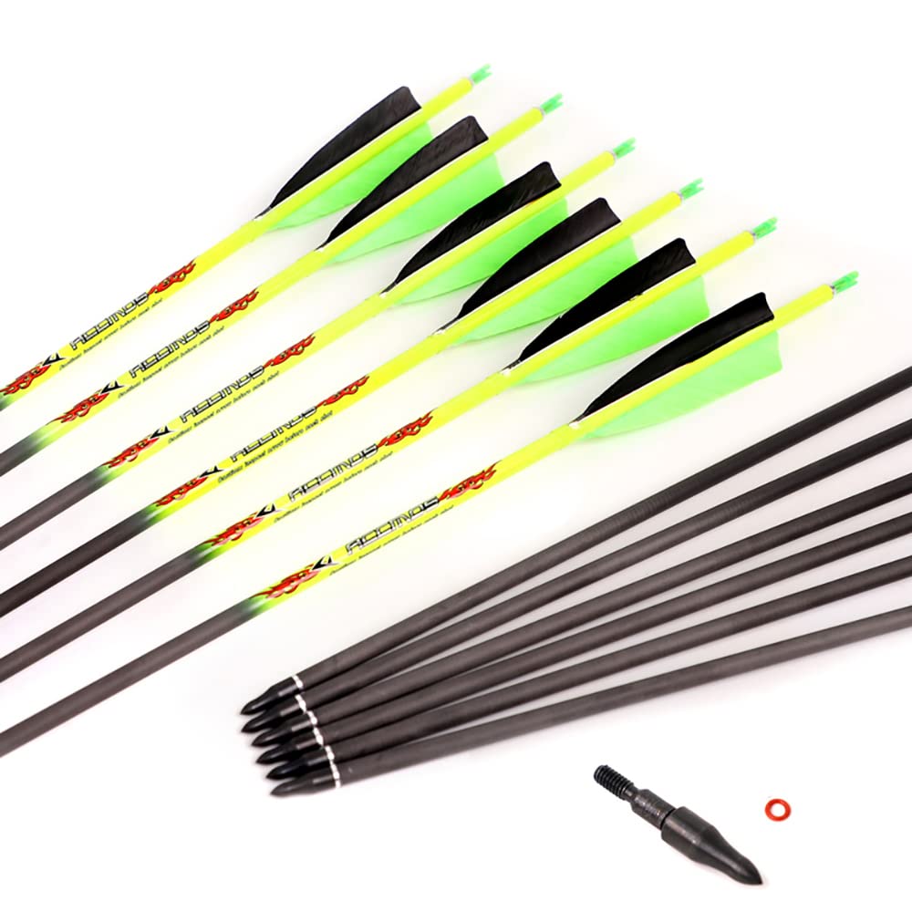 ACCMOS 6pcs Spine 300 340 400 500 600 Pure Carbon Arrow ID 6.2 mm Hunting Arrows Shaft Length 27-31inch 4" Turkey Feather Archery Practice Arrow