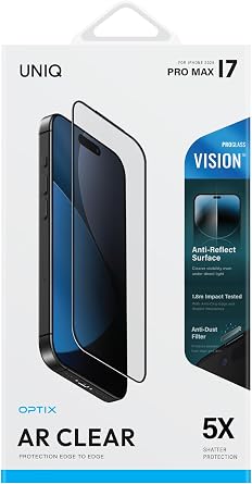 UNIQ OPTIX for iPhone 17 Pro Max Screen Protector Clear Anti-Reflective 4K Optical Clarity Tempered Glass Protector + DustRepelTM anti-static installation
