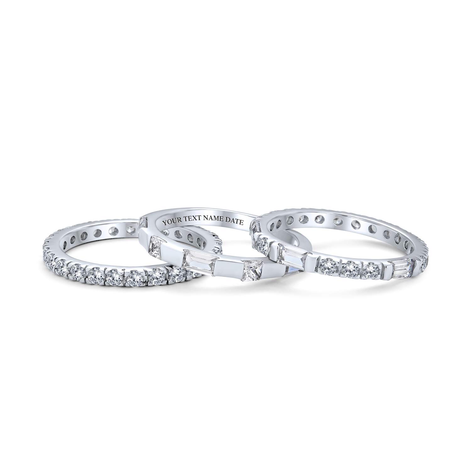 Bling JewelryGeometric Cubic Zirconia AAA CZ Round Baguette Set Of Three Stackable Eternity Wedding Band Ring Set For Women .925 Sterling Silver