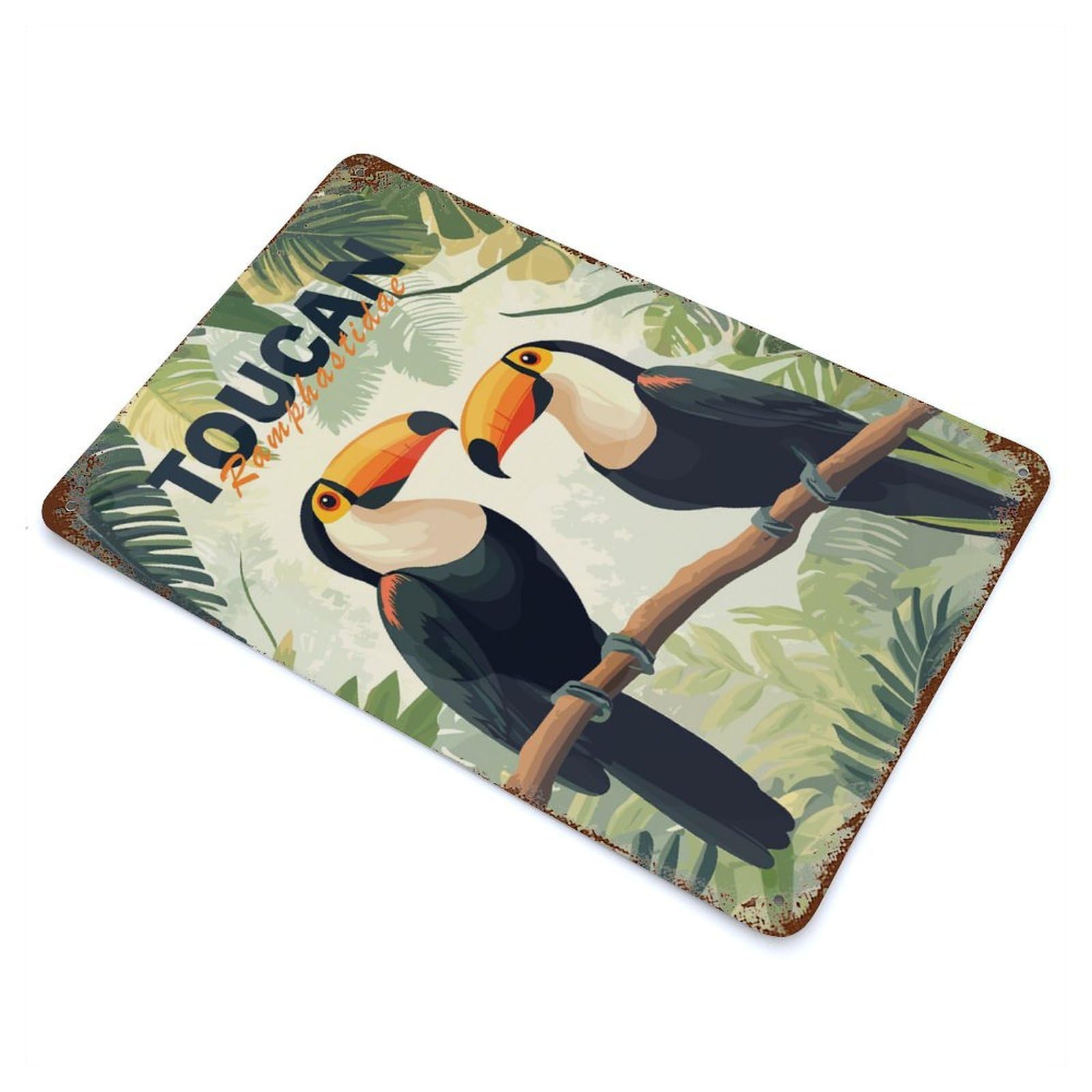 Distressed Metal Wall Sign Toucan Illustration 11.8"x7.9", Vintage Wall Decor for Garage, Bar And Workshop Decor