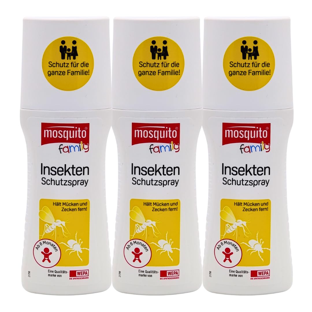 Mosquito Family Insekten-Schutzspray 3x 100 ml I bis zu 6 Stunden Schutz vor Mücken, Bremsen, Zecken I Mückenspray I für Kinder ab 6 Monaten I Outdoor-Schutz I Spar-Set plus Pharma Perle give-away