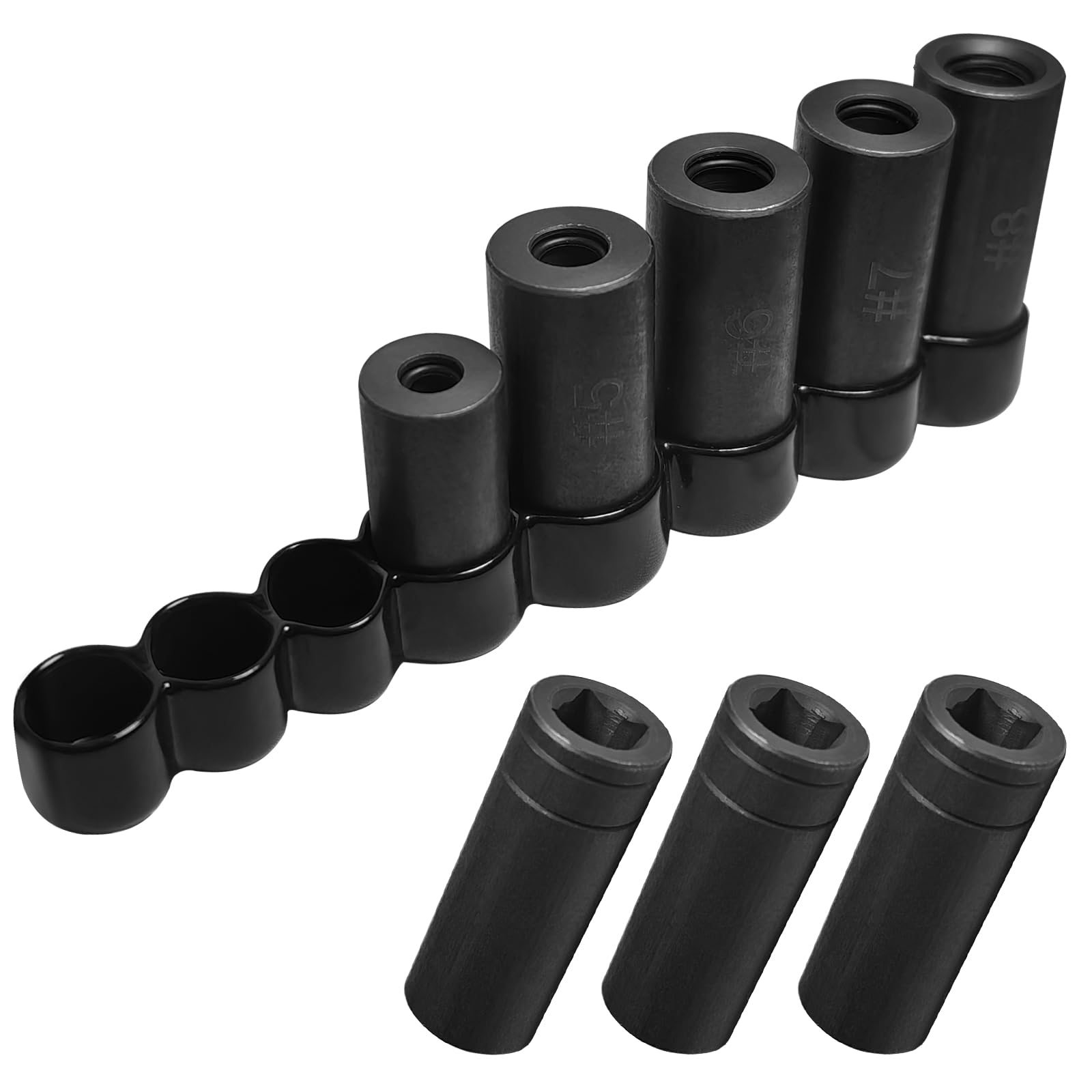 Juego de vasos para machos de roscar 70500, 8 piezas, con entrada de 1/4" y 3/8", compatible con todos los machos de roscar estándar MCTI (1/2" y 1/8" NPT, hasta 12 mm métricos), para usar con llave