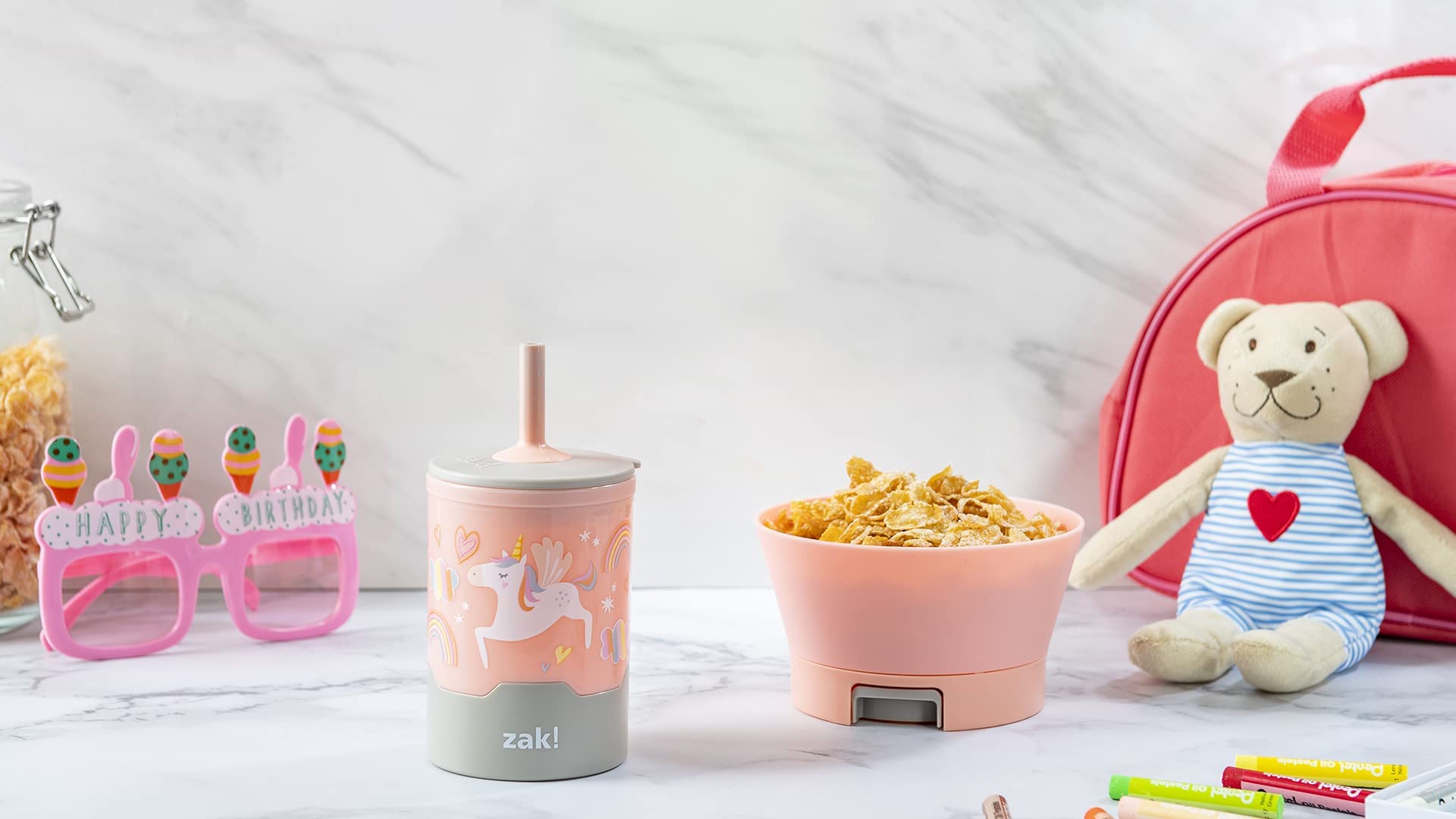 Zak Designs Mighty Mug Kids Dinnerware Set Includes Spill-Proof Plastic Mighty Tumbler and Mighty Bowl with Tip-Proof Base, Made with Durable and Non-BPA Materials (10 oz, 2-Piece Set, Unicorn)