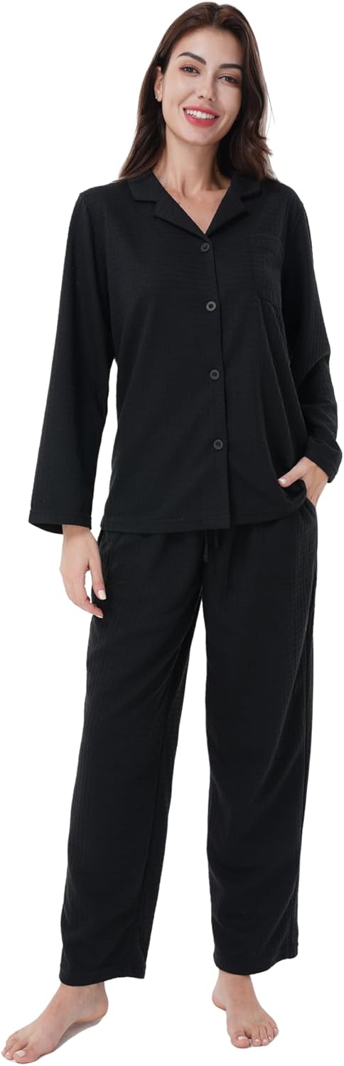 DAVID ARCHY Womens Pajama Sets Waffle Knit Soft Long Sleeve Button Down Sleepwear Lightweight Loungewear for Spring Nights Black SIZE M