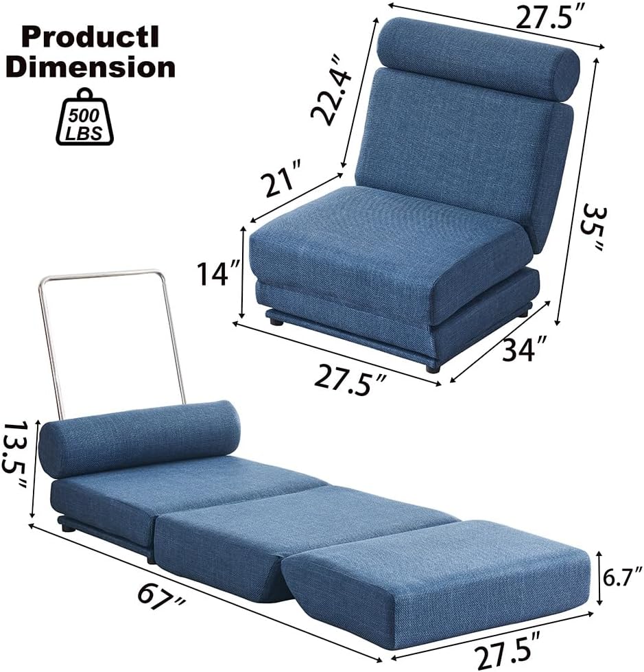 Convertible Sleeper Chair, Chair Bed Sleeper with Pillow, Linen Fabric Floor & Futon Chair Bed for Living Room/Dorm/Guest Use/Apartment (Blue)