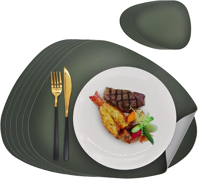 Double Side Leather Placemats and Coaster Sets of 6 - Washable Non Slip Table Mats Hot Resistant for Dining Table (Olive-Grey, 6 Placemats + 6 Coasters)