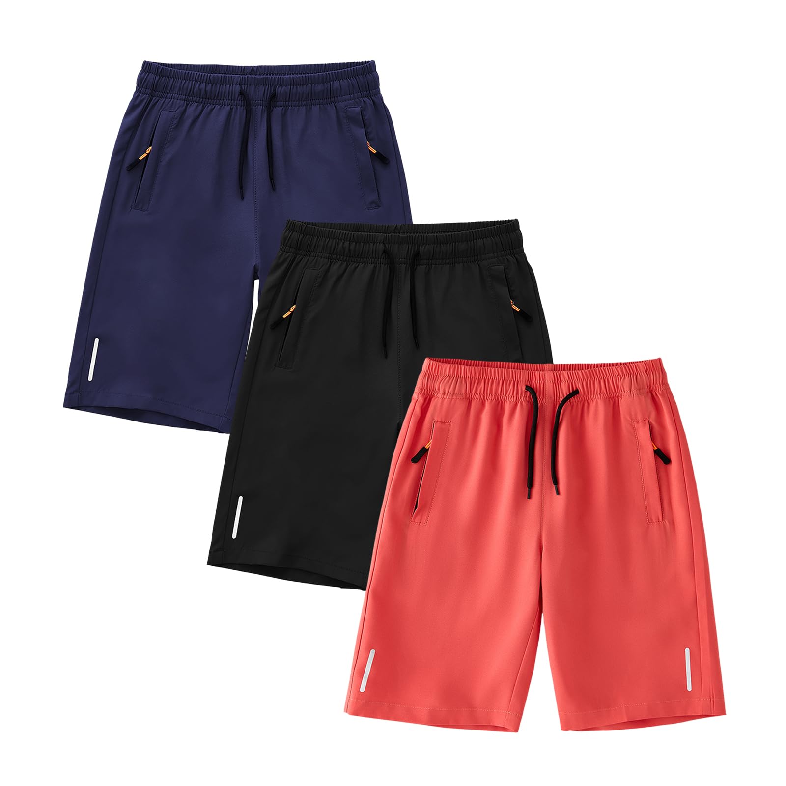 3 Pack Boys Casual Fit Sports Short Quick Dry Athletic Running Shorts with Elastic Waist and Zipper Pockets, Navy Blue/Black/Red, 4-5years=Tag 110
