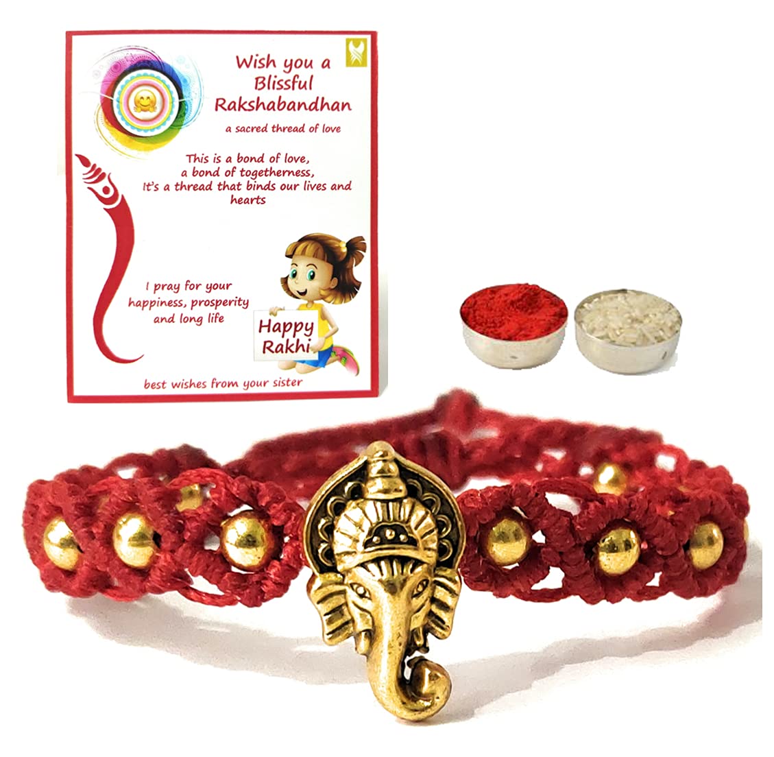 Saffron Shades Rakhi for Brother Sister Bhaiya Bhabhi Designer Macrame Bracelet Elegant Ganesha with Greeting Card Roli and Chawal Premium Rakhi SSBR3DBL (Red) (B09B3N6CKP) Amazon Price History, Amazon Price Tracker
