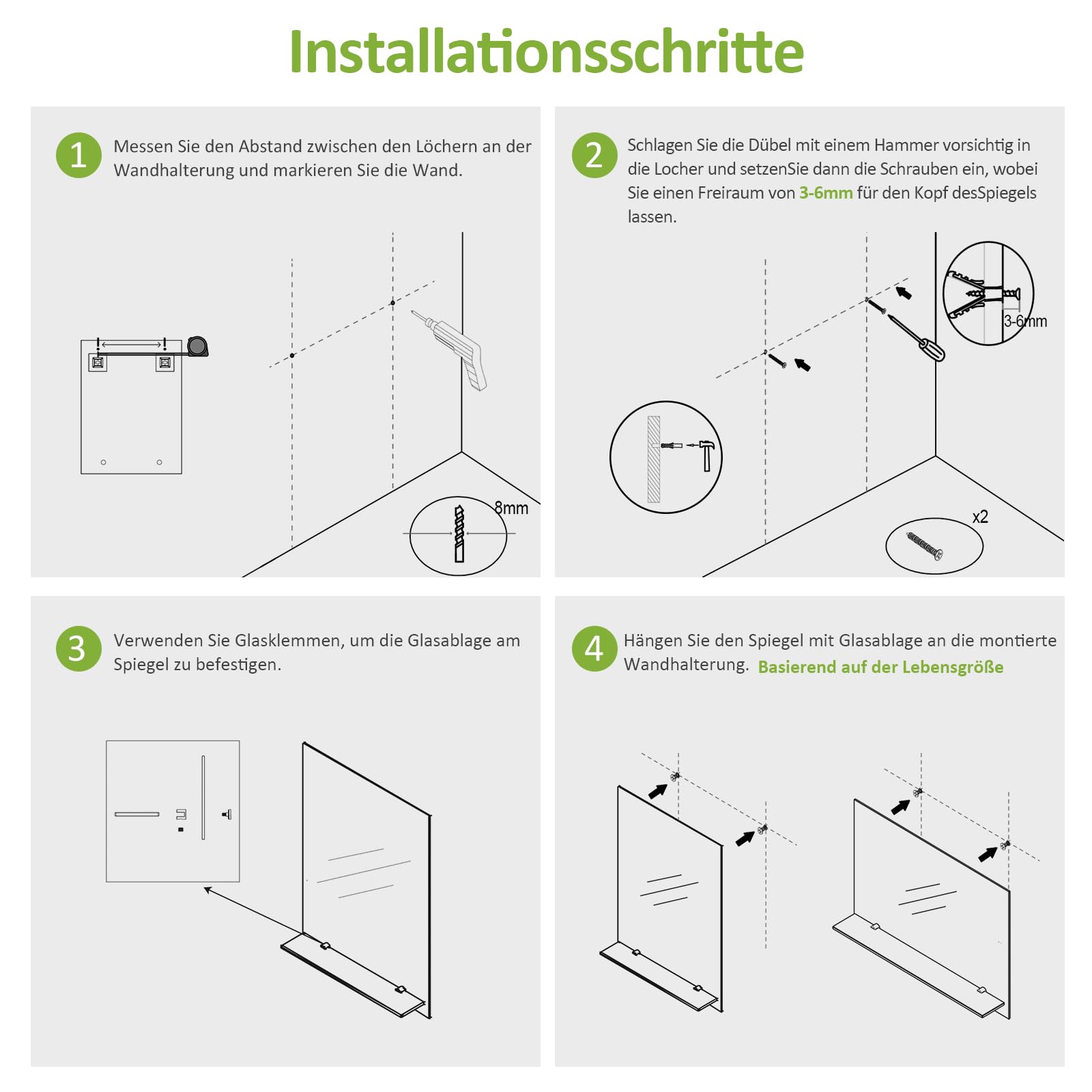 S'AFIELINA Badspiegel mit Ablage 45x60 cm – Wandspiegel Rahmenlos ohne Licht, HD Badezimmerspiegel mit Glasablage, Gäste-WC Kristallspiegel, Wandmontage