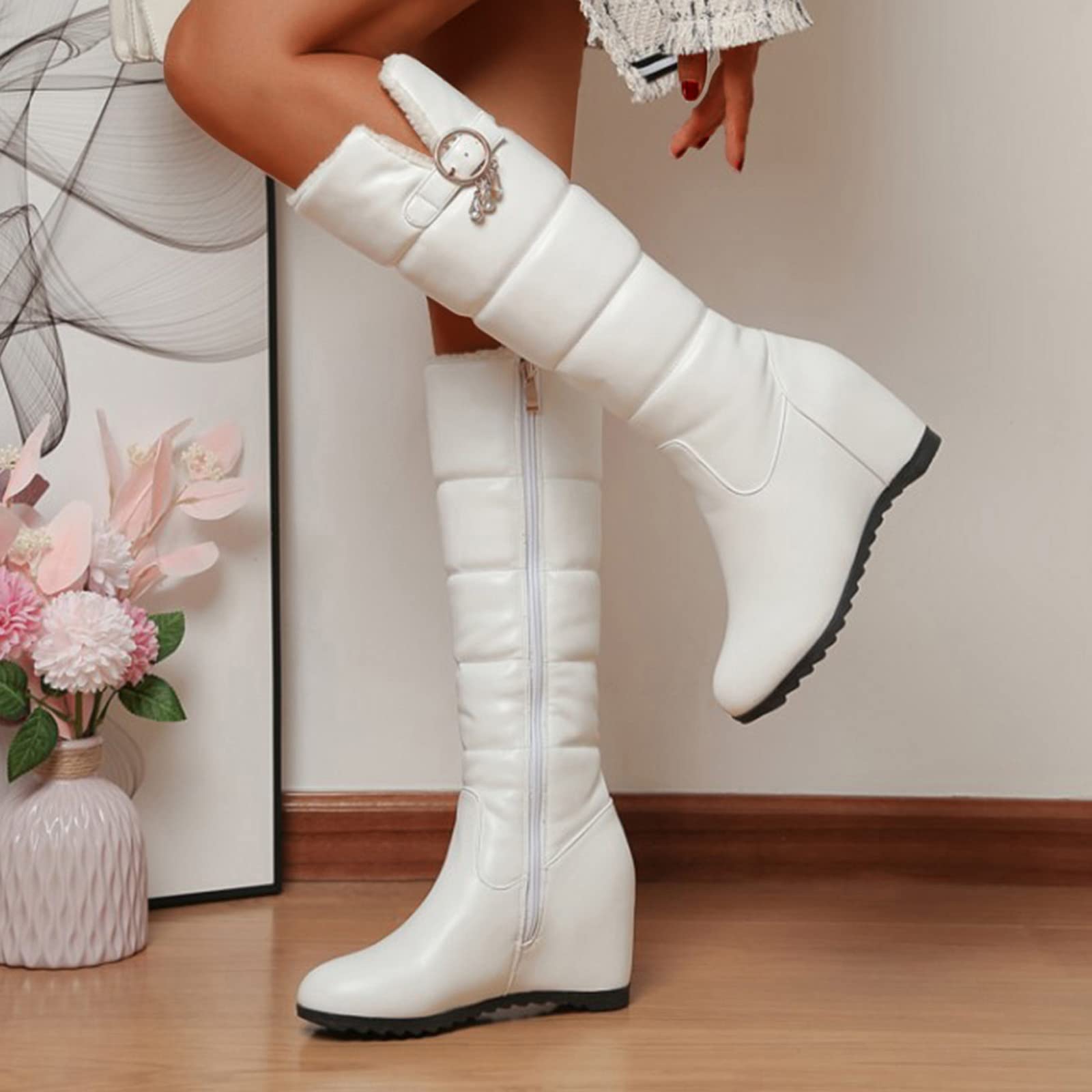 Stivaletti Invernali Donna 2026 Stivali Lunghi In Cotone con Fibbia Per Cintura Pelle Tinta Unita Moda Suola Spessa Zeppa Peluche Neve