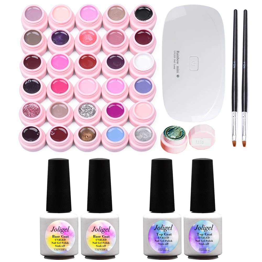 Gel-Nagellack-Starter-Kit, 2 Base Coat + 2 Top Coat + 30 Farben UV LED Semi-Permanent Soak-off Shellac Gel für Nägel Maniküre, mit 2 Bürsten + Mini UV/LED-Lampe Tragbarer Trockner mit USB-Kabel