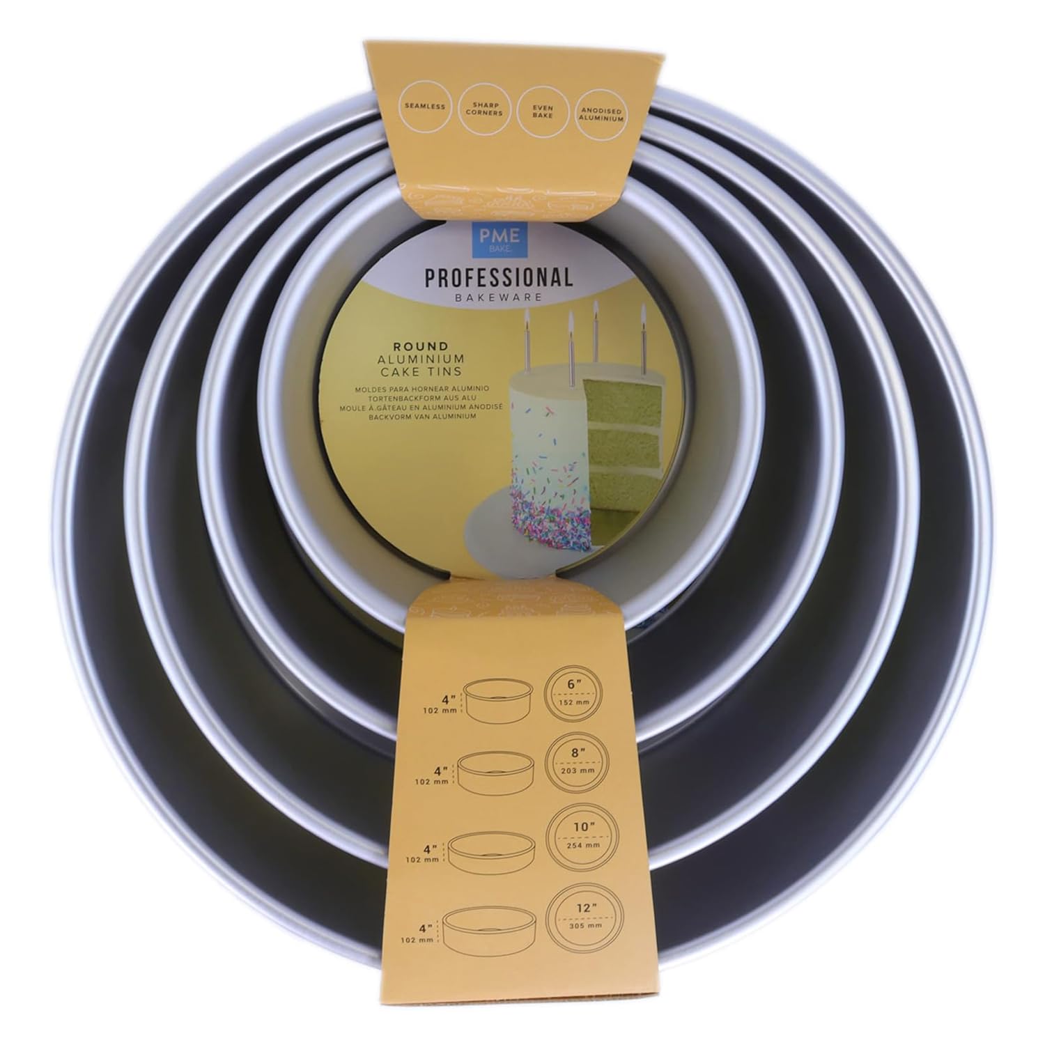 PME - Teglie Professionali Tonde 15, 20, 25, 30 cm x 10 cm di Profondità, 4 Pezzi