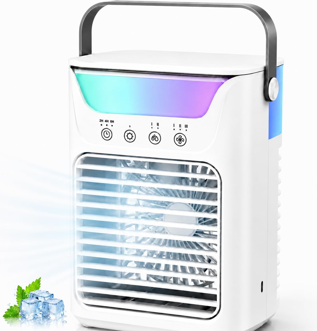 Aire acondicionado portátil, ventilador de hielo portátil 4 en 1 actualizado 2026 con 3 velocidades y 2 niebla fría ultrasilencioso, 3 temporizadores y 7 luces, ventilador evaporativo para habitación
