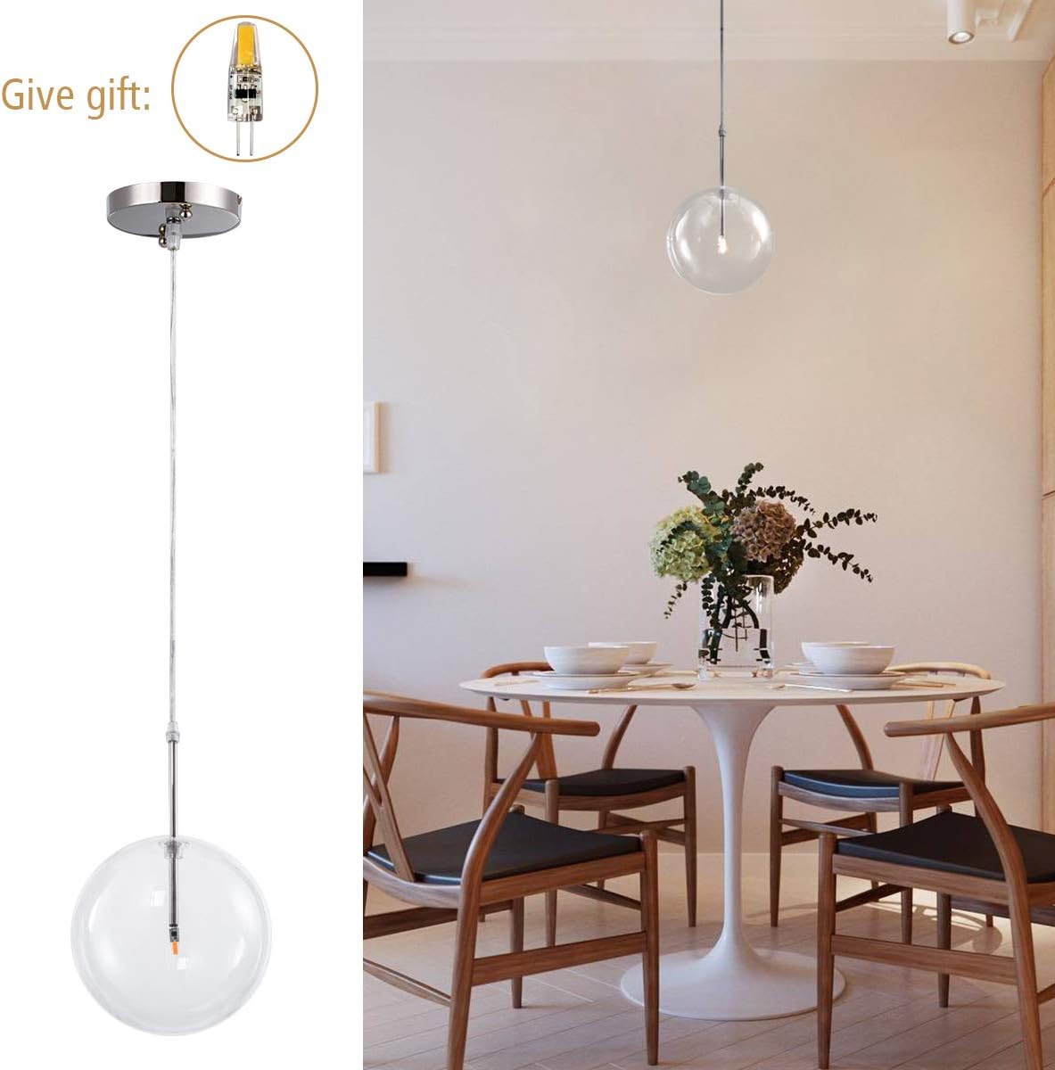 Clear Glass Pendant Light, Industrial 1-Light Ceiling Lamp Small Hanging Lighting Fixture with Globe Shade for Dining Room, Living Room, Bedroom, Restaurant, Kitchen, Doorway, Nickle, UL Listed