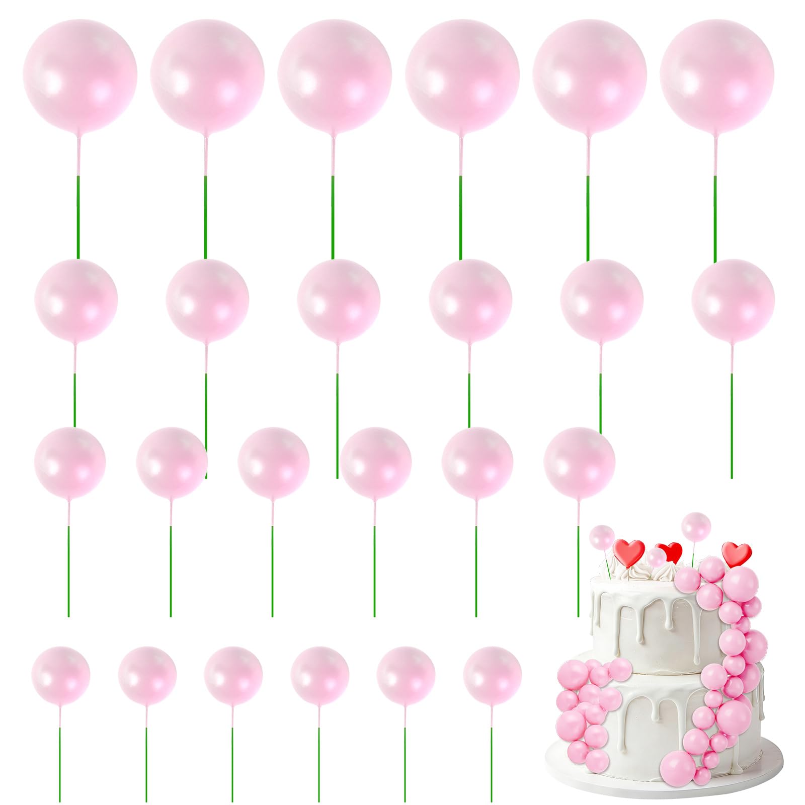 URAQT 24 Pcs Ball Cake Topper Decorations, Foam Balls Cakes Picks, Pearl Round Shaped Cupcake Insert, Mini Balloons Cake Topper Sticks for Wedding, Birthday, Baby Shower, Pink